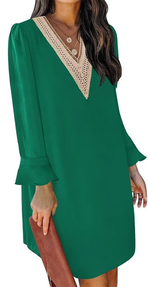 QACOHU Fall Dresses for Women 2025 Casual V Neck Long Sleeves Flowy Mini Tunic Dress | Amazon (US)