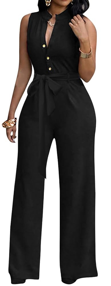 Sexy 3/4 Sleeve Jumpsuit for Women V Neck High Waisted Long Wide Leg Pant Button Down Party Rompe... | Amazon (US)