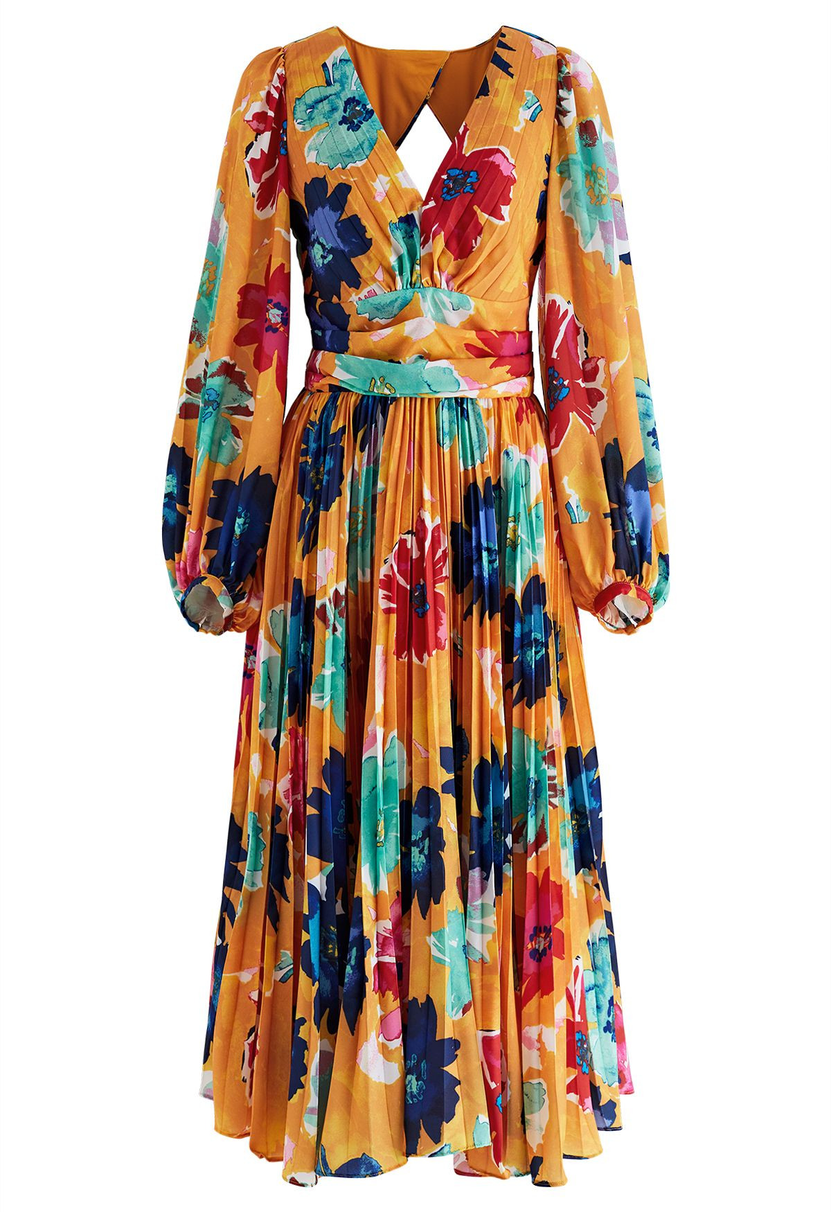 Orange Floral Cut Out Back Pleated Satin Dress | Chicwish