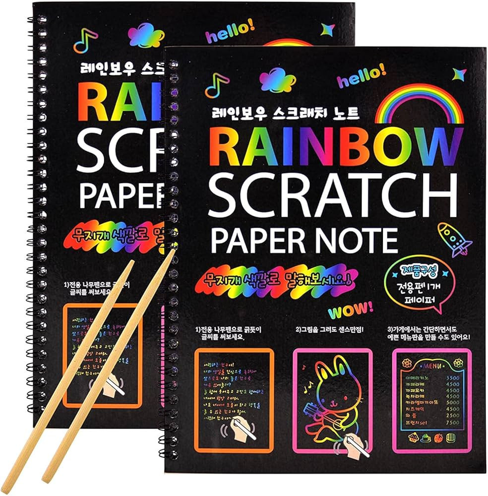 Rainbow Scratch Art Paper for Kids, 2 Pack Scratch Paper Notebooks Set w/ 6 Stencils 2 Wooden Sty... | Amazon (CA)