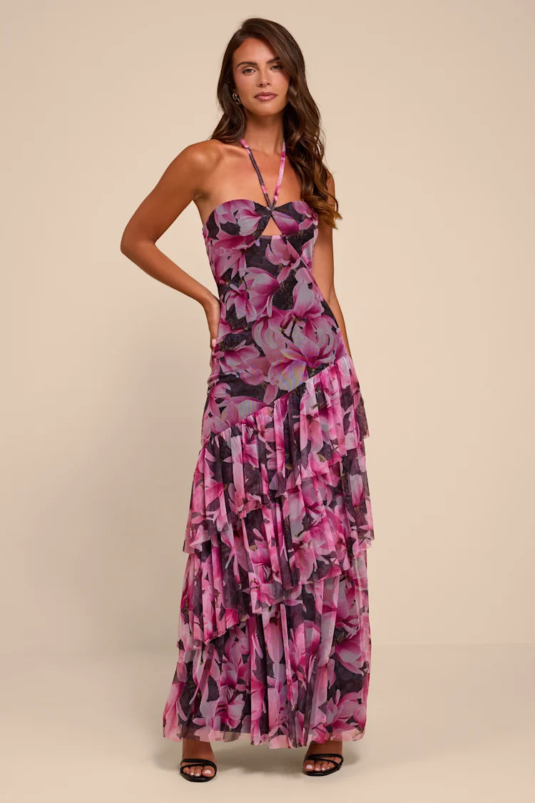 Donella Black Multi Floral Mesh Ruffled Maxi Dress | Lulus