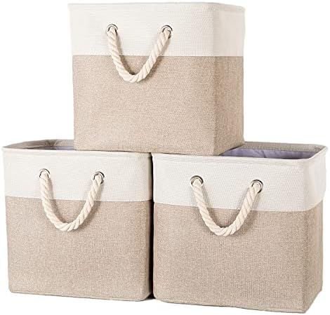 Foldable Cube Storage Bins, 13 x 13 x 13'' Storage Baskets with Handles, Linen Cotton & TC Fabric, f | Amazon (US)