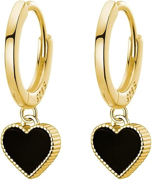 SLUYNZ 925 Sterling Silver Black Heart Hoop Earrings for Women Teen Girls Hoop Earrings Heart Dro... | Amazon (UK)