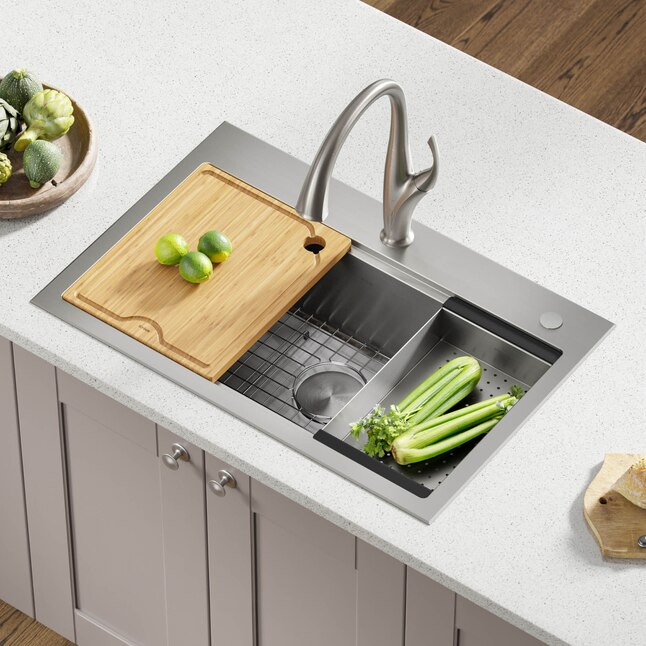 Kraus Kore Workstation Dual-mount 32-in x 21-in Stainless Steel Single Bowl 1-Hole Workstation Ki... | Lowe's