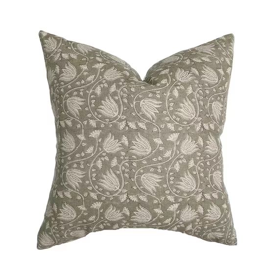 June | Sage Floral Handblock Linen Pillow Cover | Neutral Soft Green Flax Designer Fabric | Neutr... | Etsy (US)