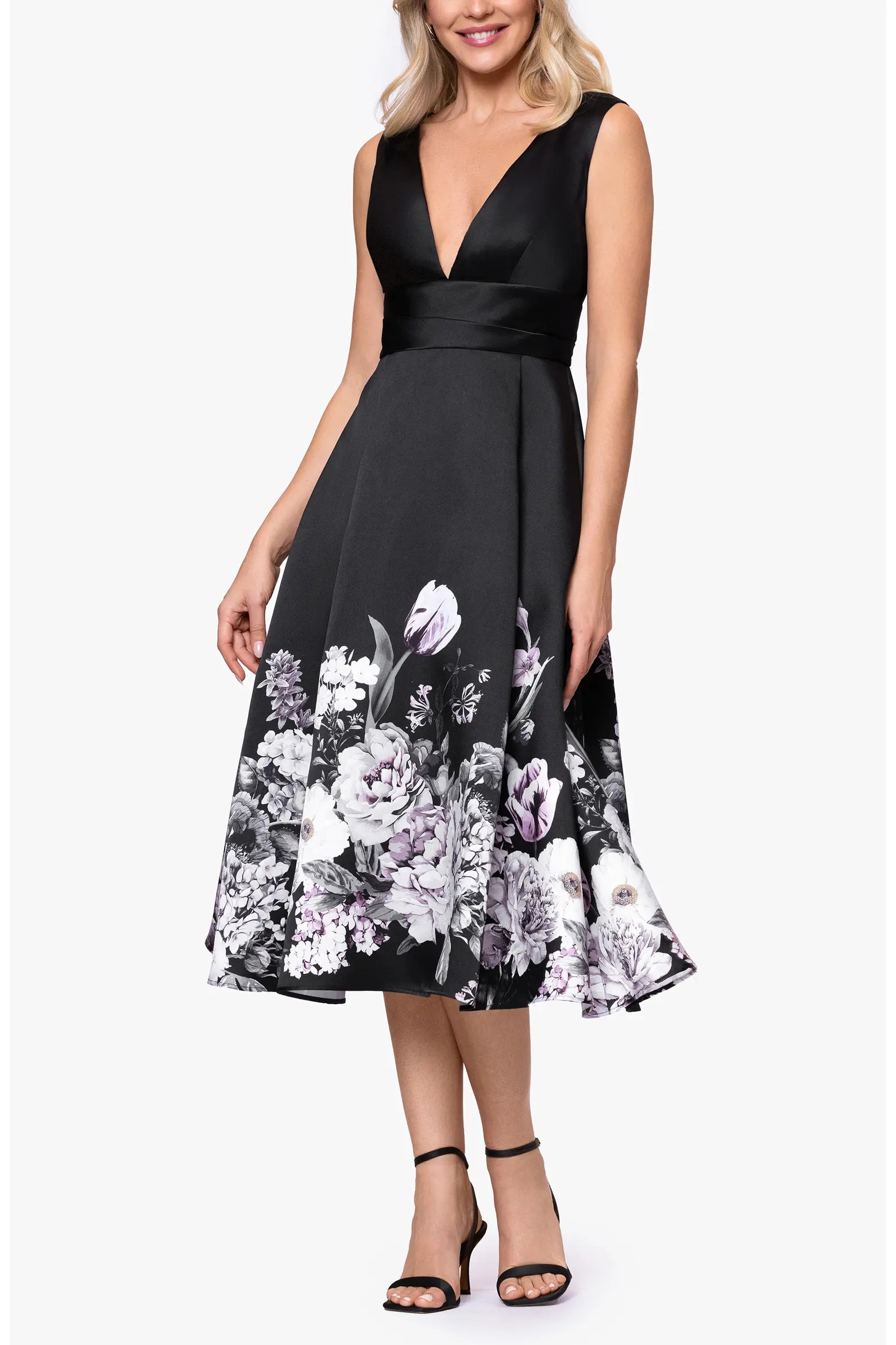 Betsy & Adam Floral Border Plunge Neck Cocktail Midi Dress (Women) | Nordstrom | Nordstrom