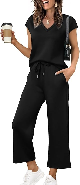Saloogoe Two Piece Sets for Women Summer Outfits Lounge Sets V Neck Tops Wide Leg Pants Woman Vac... | Amazon (US)