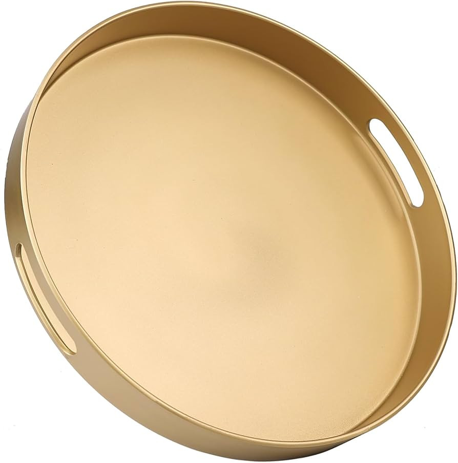 Round Gold Decorative Serving Tray with Handles, 13” Versatile Ottoman Tray for Coffee Table, E... | Amazon (US)