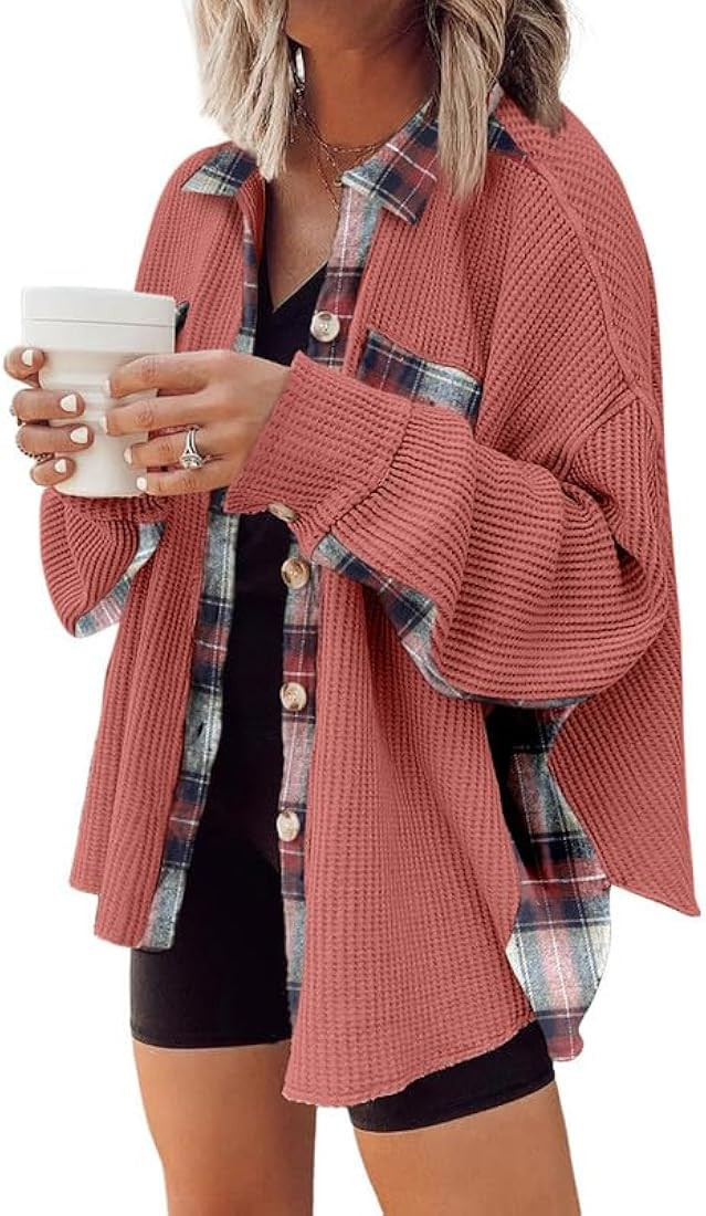 Womens Waffle Knit Plaid Shacket Boyfriend Button Down Shirt Jacket Loose Long Sleeve Tops | Amazon (US)