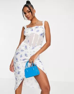 ASOS DESIGN mesh corset midi dress in blue ditsy print | ASOS (Global)