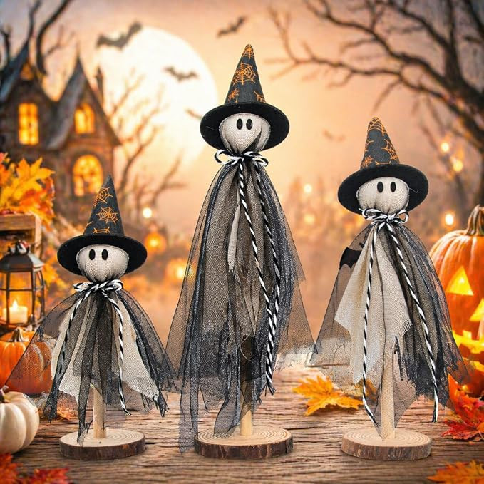 3-Piece Halloween Ghost Decorations, Wooden Tabletop Shelf Sitters | Cute Halloween Decor with Wi... | Amazon (US)