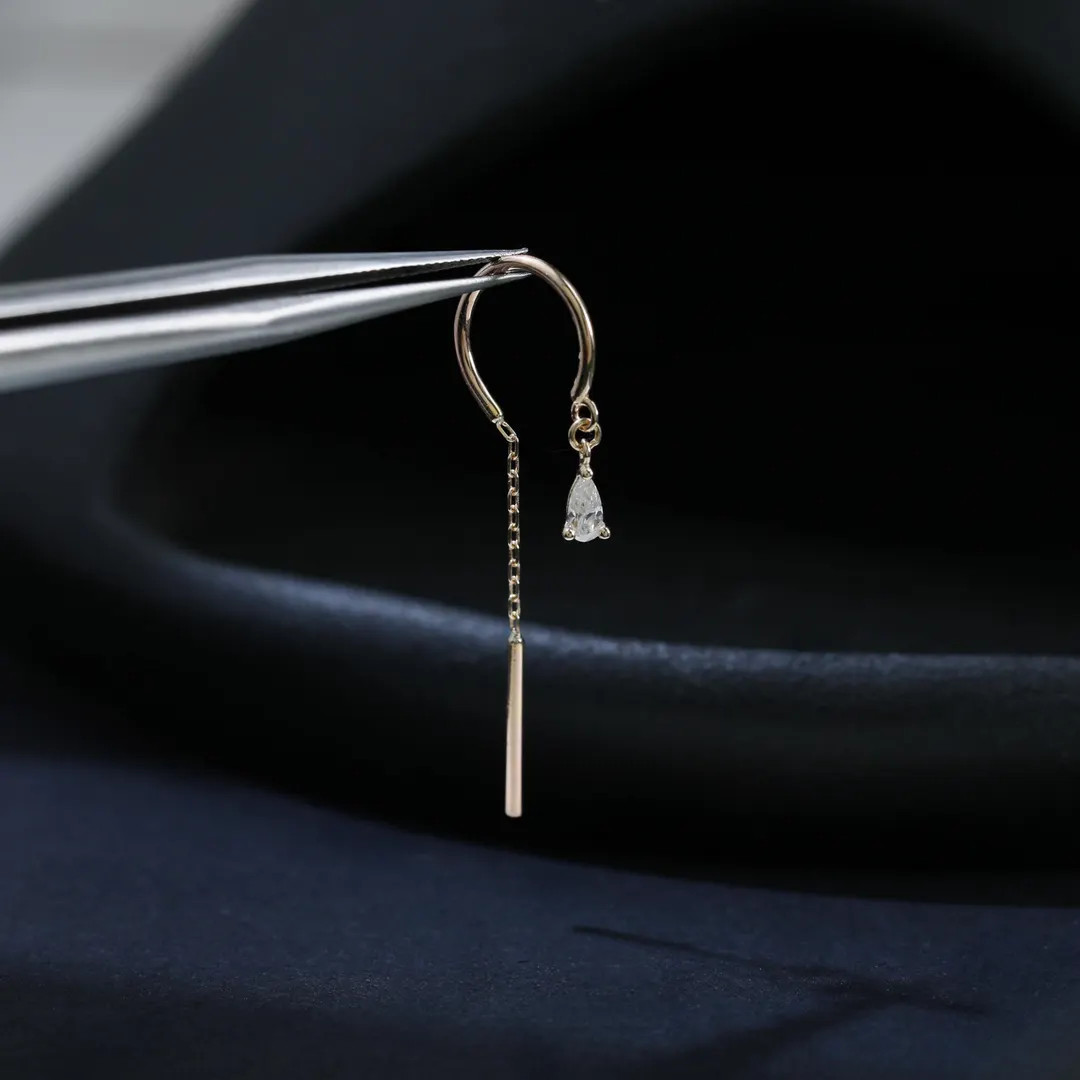 14K Solid Gold Moissanite Threader Chime Stud, Dangle Teardrop Rook Curved Bar Threader Piercing,... | Etsy (US)