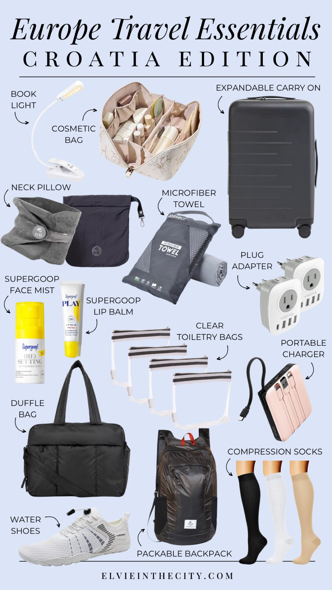 Europe travel essentials - Croatia education includes a rechargeable book light, large cosmetics bag, expandable carry-on suitcase, a neck pillow, microfiber towel, plug adapters, Supergoop face mist and lip balm, clear toiletry bags, a portable charger, carry-on duffle bag, packable backpack, water shoes and compression socks. 

Travel essentials, carry on must haves, European vacation

#LTKTravel #LTKActive #LTKdayinmylife