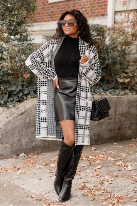 Serving up an edgy fall look in this houndstooth cardigan and faux leather skirt. 

#LTKHolidaySale #LTKSeasonal #LTKsalealert