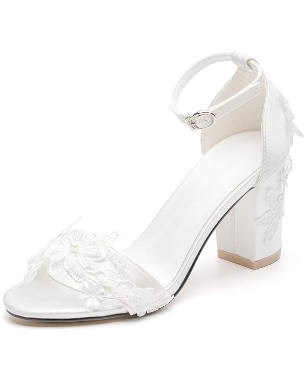 Women's Bridal Shoes Open Toe Mid Block Heel Lace Satin Ankle Strap Comfortable Wedding Dress Pum... | Amazon (US)