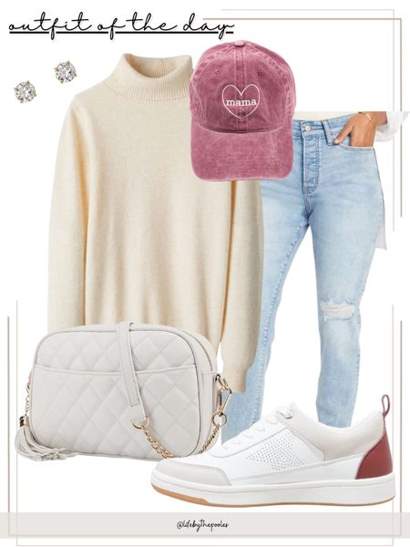 Winter outfit idea, winter ootd, Valentine’s Day outfit, casual outfit idea, crossbody bag, spring outfit, early spring, mama hat, gifts for mom, sneaker outfit, oversized sweater, mama outfit, mom outfits #valentinesday #mama #spring #winter #outfitoftheday 