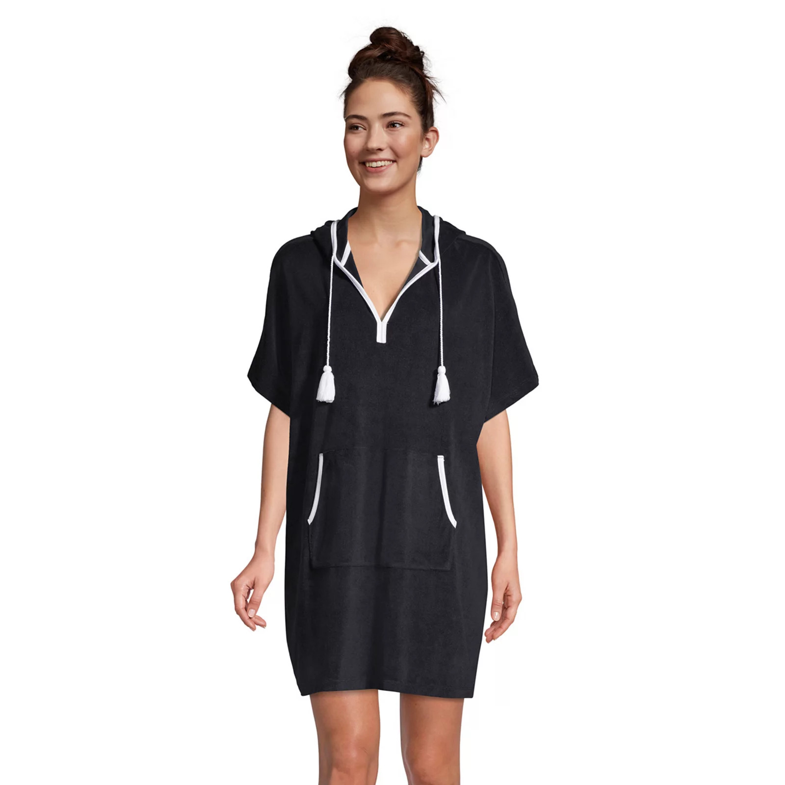 Petite Lands' End Hooded Terry V-Neck Swim Cover-up Dress, Women's, Size: Small/Medium Petite, Black | Kohl's