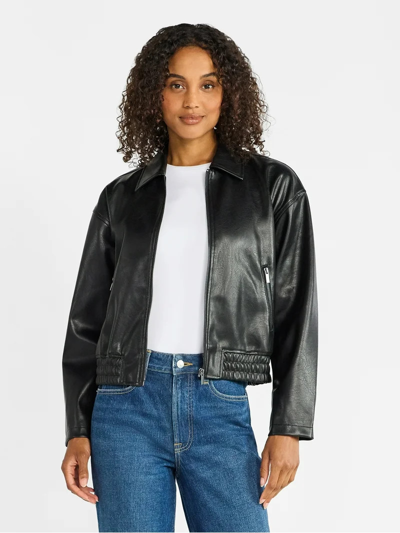 Time and Tru Women's Faux Leather Zip Jacket, Midweight, Sizes XS-XXXL | Walmart (US)