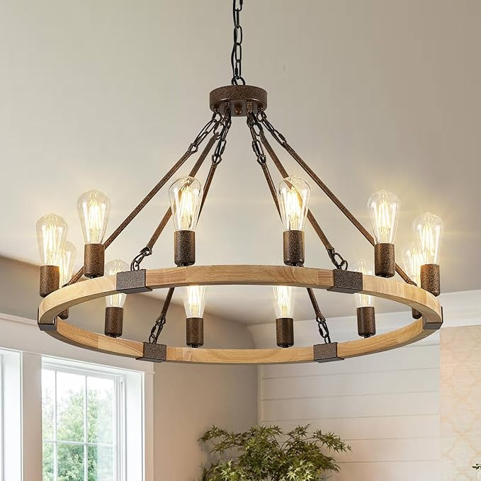 Farmhouse Wagon Wheel Chandelier 31" Wooden Rustic Light Fixtures 12-Light Wood Round Chandelier ... | Amazon (US)