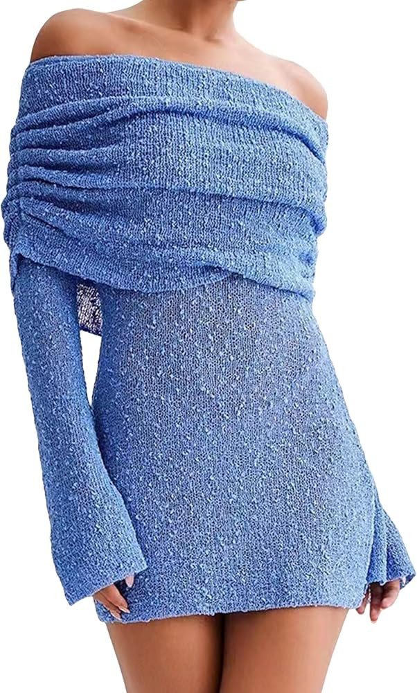 Voghtic Women's Sexy Off Shoulder Knit Crochet Mesh Mini Bodycon Dress Ruched Elegant Sweater Coc... | Amazon (US)
