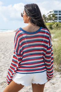 Chasing Rainbows Red and White and Blue Striped Crochet Sweater | Pink Lily
