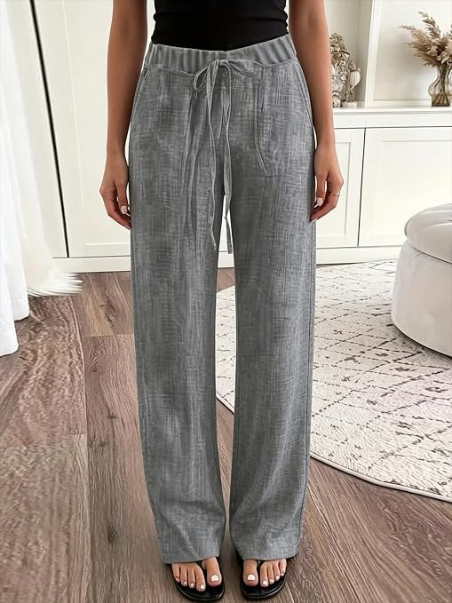 Women's Grey Drawstring Waist Wide Leg Knit Pants with Pockets for Casual Loungewear | Amazon (US)