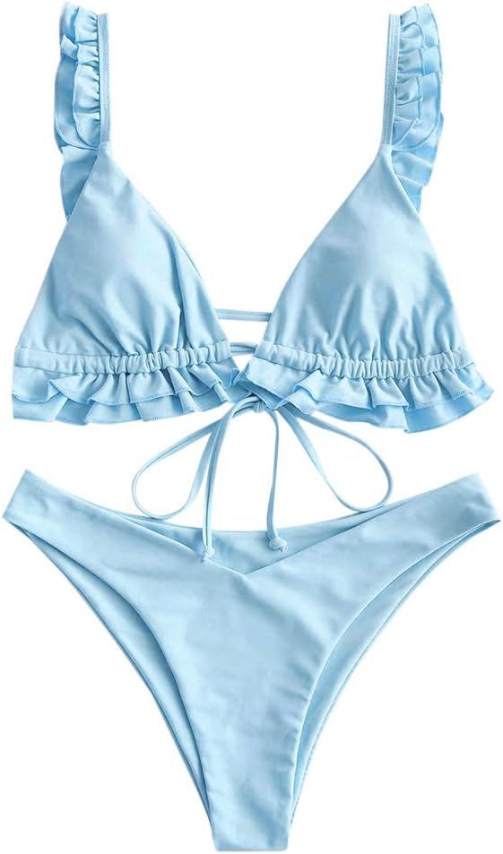 ZAFUL Women's Plunging Front Knotted Ruffle Deep V Neck Bralette High Cut Bikini Set | Amazon (US)