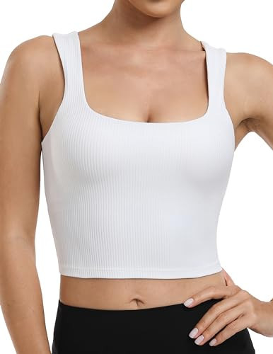 YUNOGA Womens Longline Sports Bra Square Neck Ribbed Yoga Bra Workout Crop Tank Tops with Built in Bra (XS, White) | Amazon (US)
