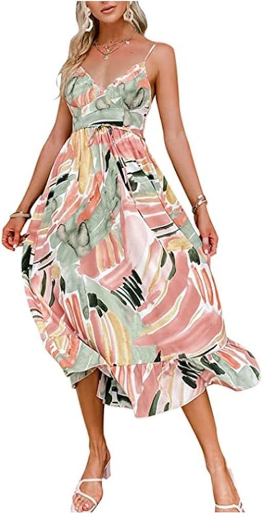 GRACEVINES Women’s Summer Spaghetti Strap V Neck Floral Smocked a Line Swing Midi Dress Sundres... | Amazon (US)