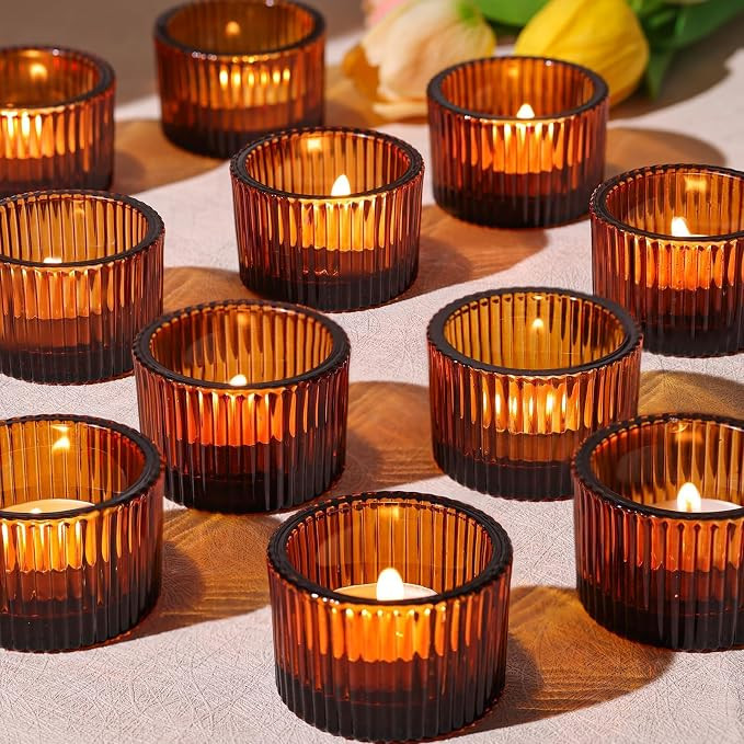 24 Pack Amber Tealight Candle Holders, Glass Votive Candle Holders | Fall Decorations for Home Ta... | Amazon (US)