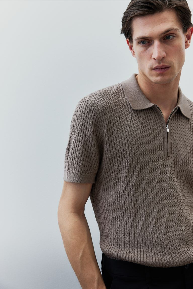 Slim Fit Cable-knit Polo Shirt - Short sleeve - Regular length - Dark taupe - Men | H&M US | H&M (US + CA)