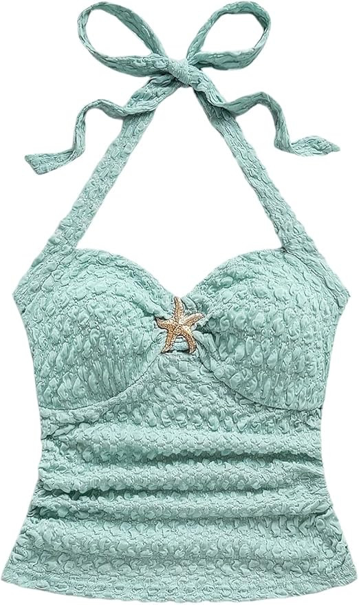 SOLY HUX Women's V Neck Halter Tops Open Back Y2k Ruched Floral Metal Summer Going Out Cami Tops | Amazon (US)