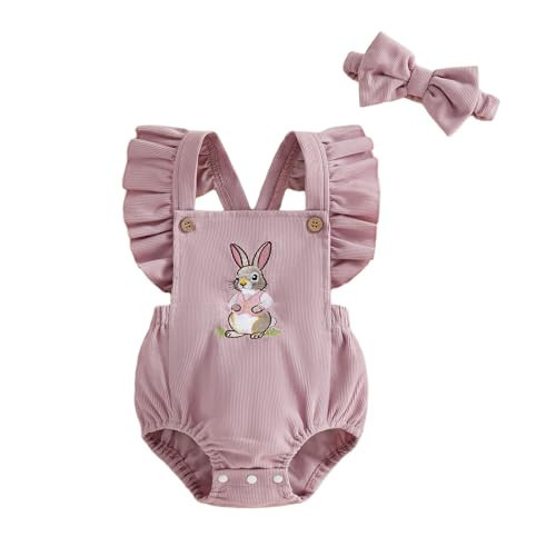 Amnnchya Baby Boy Girl Easter Outfit Newborn Bunny Romper Cute Infant Rabbit Bowtie Overalls Jumpsuit Summer Spring Clothes (Pink Ruffle Sleeve, 3-6 Months) | Amazon (US)