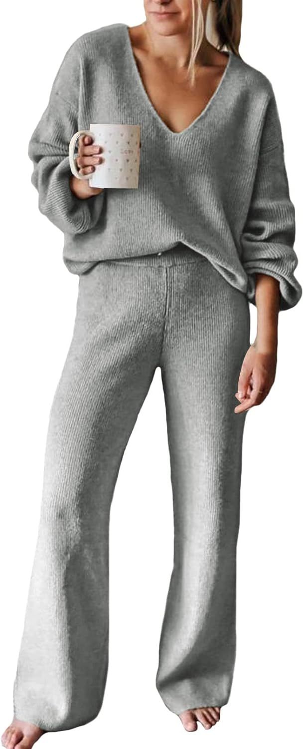 Viottiset Women's 2 Piece Outfits Casual V Neck Knit Wide Leg Sweater Lounge Set Sweatsuit | Amazon (US)