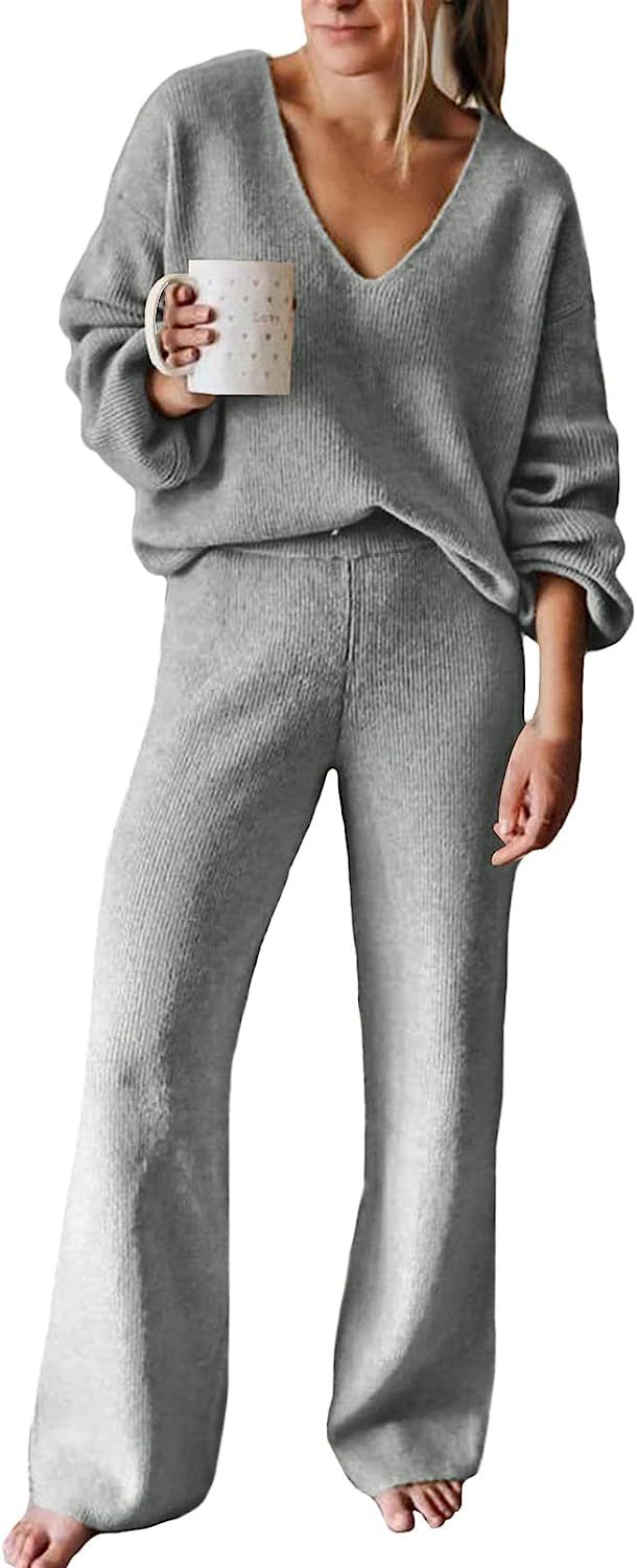 Viottiset Women's 2 Piece Outfits Casual V Neck Knit Wide Leg Sweater Lounge Set Sweatsuit | Amazon (US)