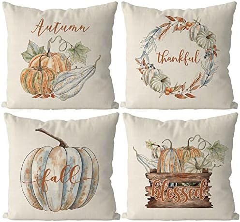 Fall Pillow Covers 18 x 18 Inch Pumpkins Wreath Autumn Harvest Home Throw Pillowcase Blessed Than... | Amazon (US)