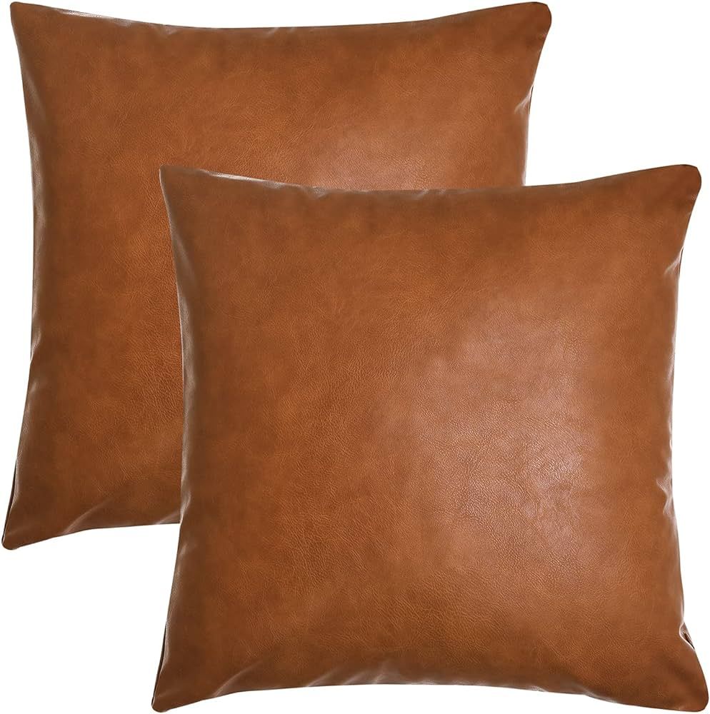 Tosewever Faux Leather Throw Pillow Covers, 18 x 18 inch Set of 2 Luxury Cognac Brown Modern Pill... | Amazon (US)