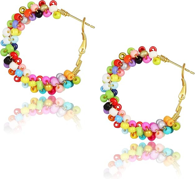 Amazon.com: Clowich Colorful Fun Beaded Earrings for Women，Boho Flower Hoop Earrings，Exquisit... | Amazon (US)