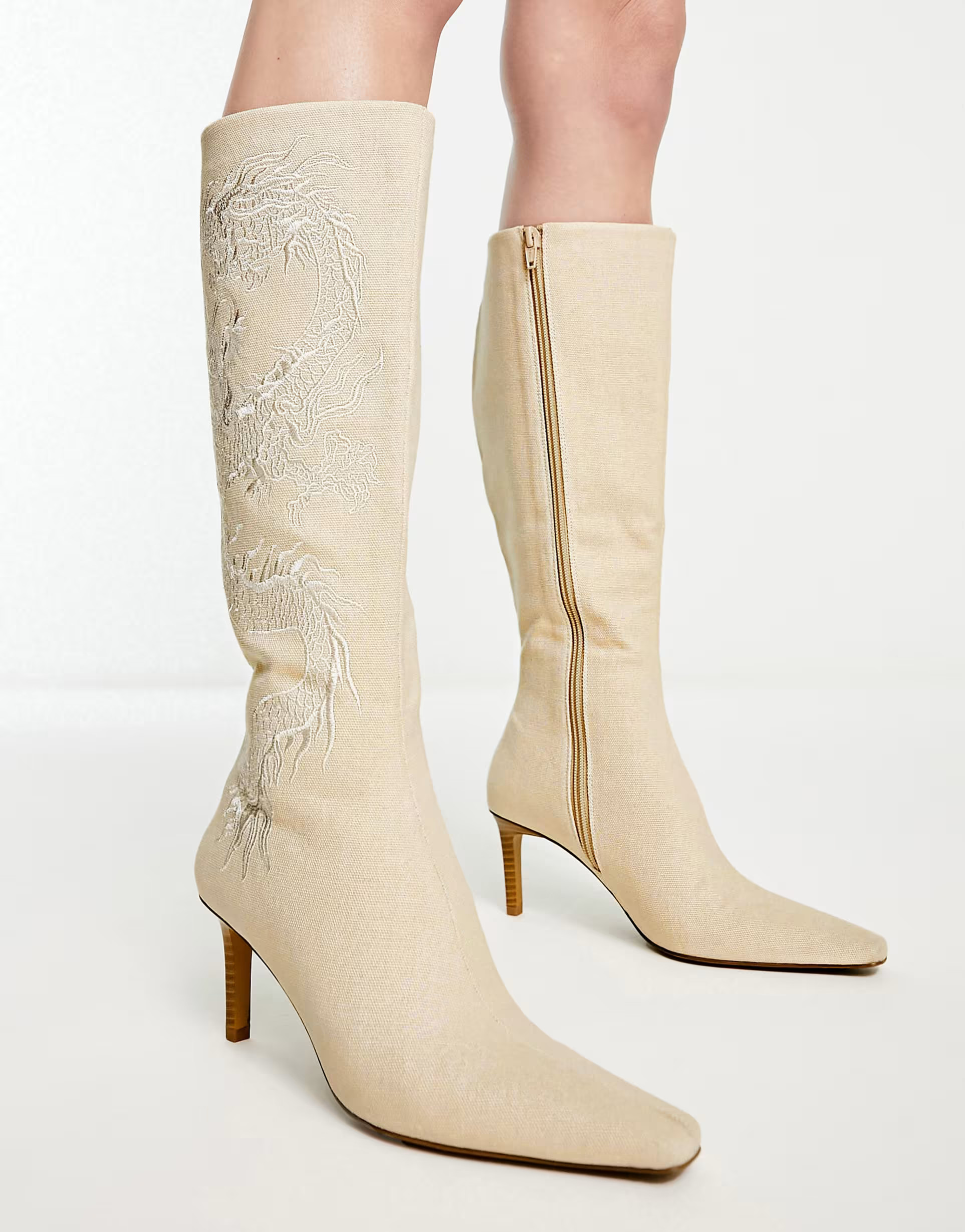 ASOS DESIGN Chai dragon embroidery knee boot in off white | ASOS (Global)