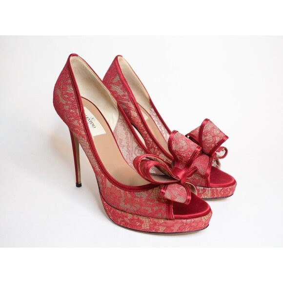 Valentino Red Lace Platform Bow Stiletto Heels $895, Size 9 (US) 39 (EUR) | Poshmark