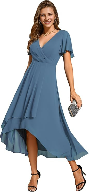 Ever-Pretty Women's Chiffon Formal Dresses V Neck Ruffle Sleeves Pleated High Low Summer Wedding ... | Amazon (US)