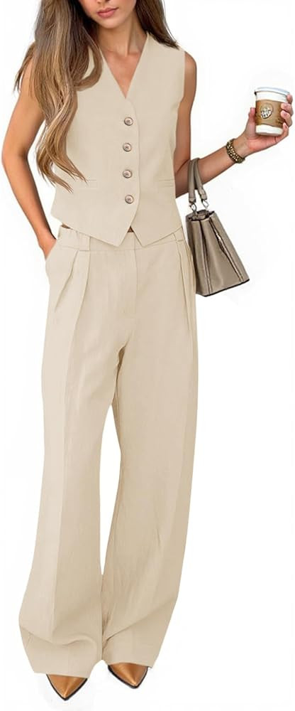 Cicy Bell Women's 2 Piece Outfits V Neck Pants Sets Crop Vest Blazer and Wide Leg Suit | Amazon (US)