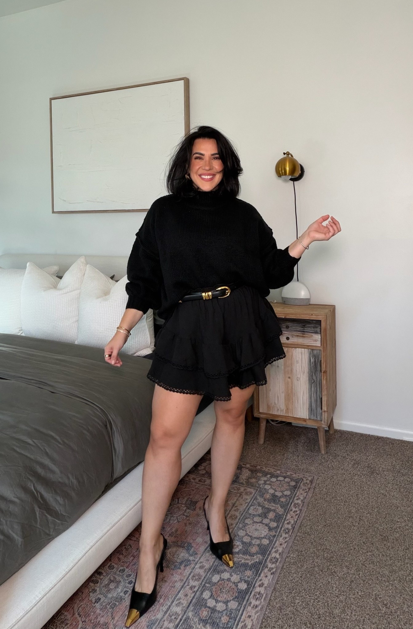 Cute & chic all black holiday outfit! Would be super cute for date night too. This Amazon skirt I've had for years and it comes in handy for so many outfits. Love!!  Add tights for color weather! 

#LTKMidsize #LTKSeasonal #LTKHoliday