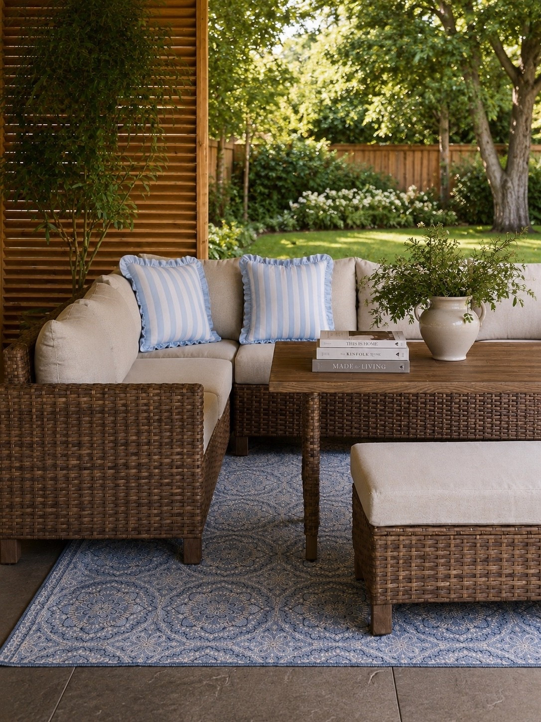 Blue & White Patio Perfection 💙🌿

Nothing says relaxed outdoor living quite like classic blue-and-white accents paired with warm woven textures. This cozy sectional, layered with soft striped pillows and a timeless patterned rug, creates the perfect gathering spot for morning coffee, afternoon lounging, or evening conversations. The natural wicker, warm wood tones, and fresh greenery give this space an inviting, resort-inspired feel that’s both elegant and comfortable.

A few thoughtfully chosen pieces can turn any patio into your favorite room of the house.

Follow @farmtotablecreations on Instagram for more cozy home finds and outdoor living inspiration. 🤍

#LTKHome #PatioDecor #OutdoorLiving #BlueAndWhiteDecor #BackyardGoals #OutdoorFurniture #PatioInspiration #OutdoorOasis #CoastalStyle #TraditionalHome #BackyardRetreat #OutdoorStyling #HomeDecorFinds #SummerDecor #OutdoorEntertaining #NeutralDecor #BackyardDesign #LTKFinds #FarmToTableCreations #HomeInspiration

#LTKHome #LTKSaleAlert