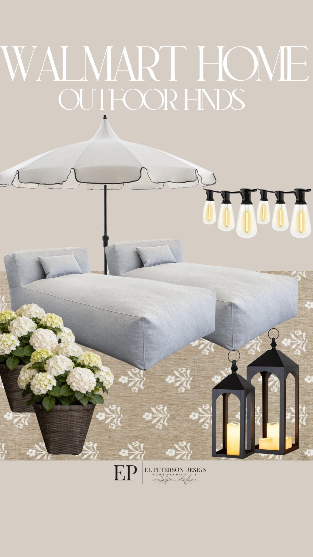 Walmart Outdoors
Outdoor umbrella
Outdoor lounge chairs
Planters
Floor lamps
Rug
String Lights 

#LTKHome
