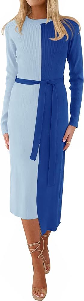 ZESICA Women's 2024 Fall Ribbed Knit Sweater Dress Elegant Long Sleeve Crewneck Tie Waist Slim Fi... | Amazon (US)