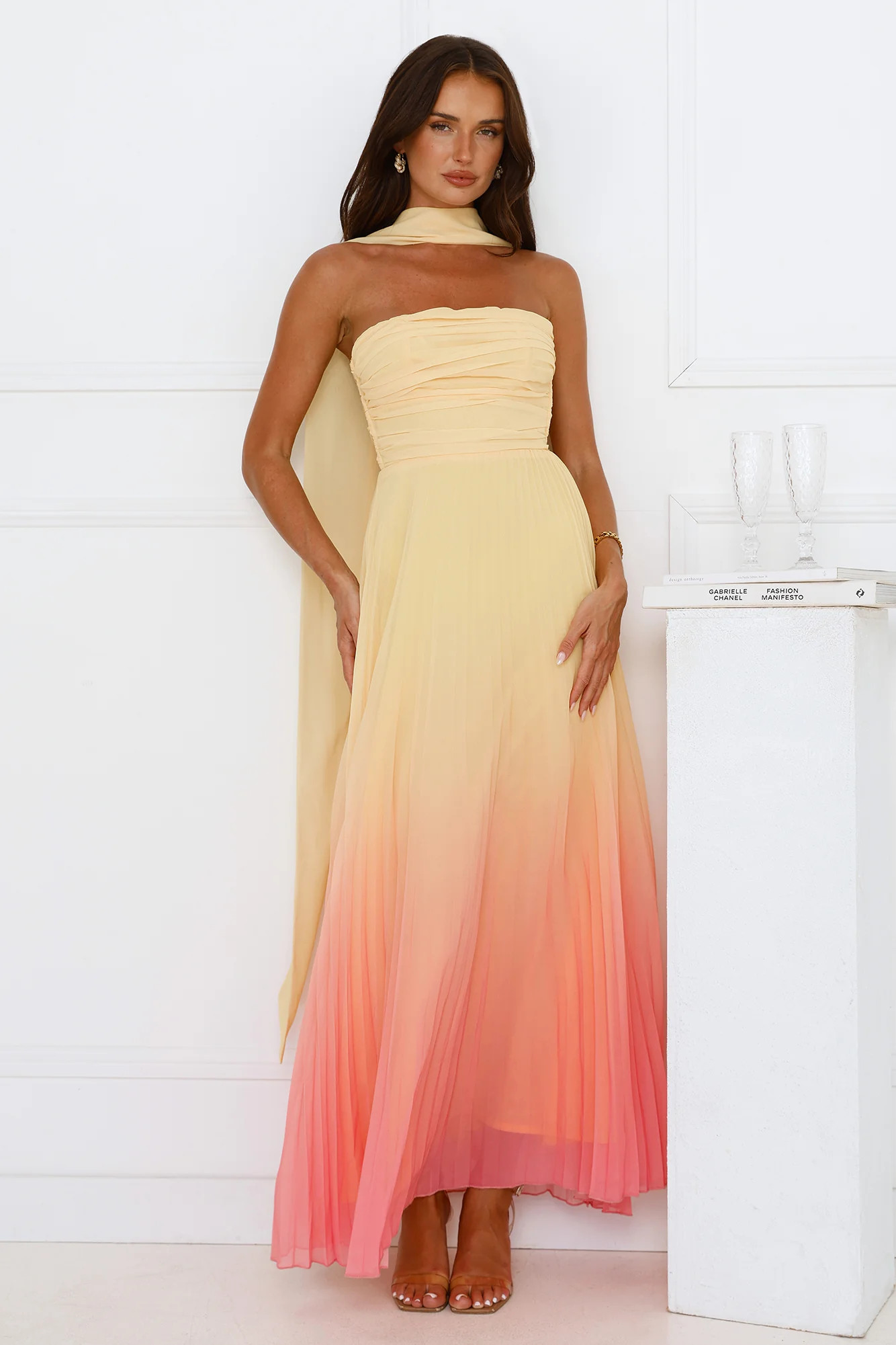 Sunset Magic Strapless Pleated Maxi Dress Yellow | Hello Molly (US)