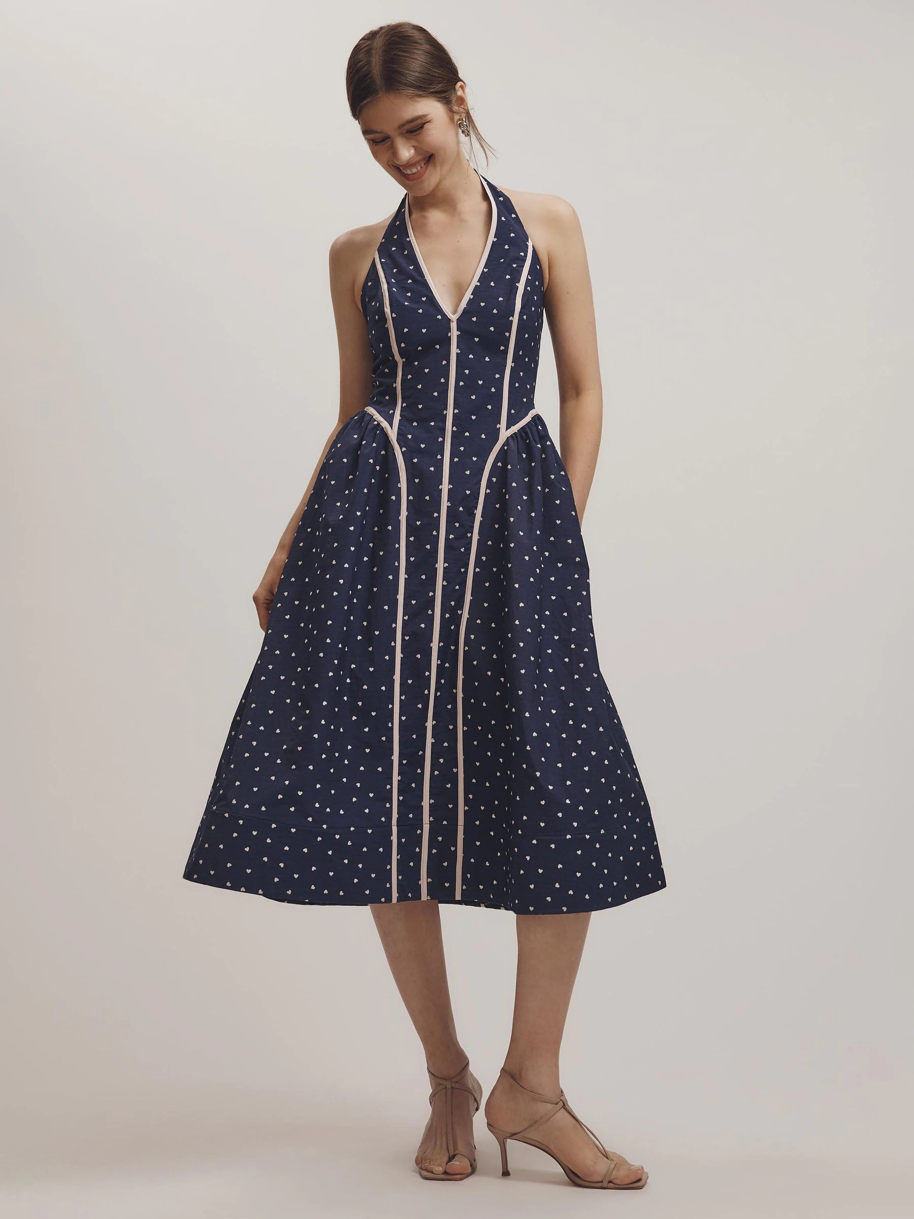 Anthropologie Anthropologie Blue Maeve Halter-Neck Heart Print Midi Dress | Next US