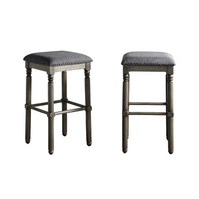 Grey Wood Upholstered , 2 - Rustic Charm, Foam Padding, 16"W X 16"D 29.59"H Of 2 Bar Stools Chic Home Seating Option, Solid Wood, Gray Fabric, Bronze | Wayfair North America