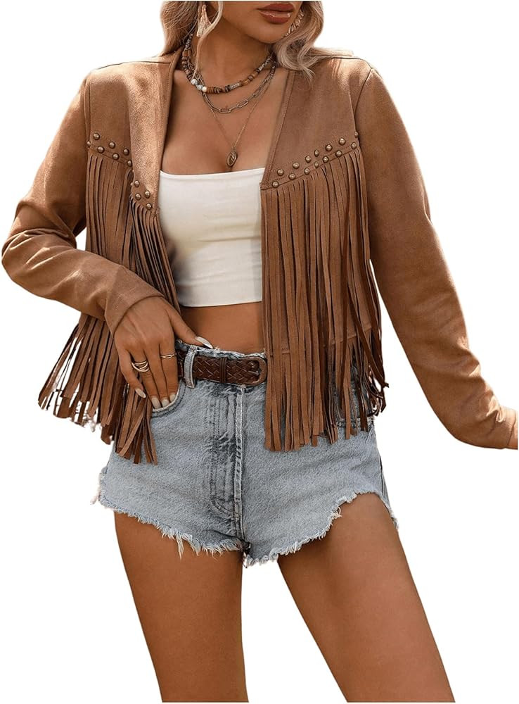 SOLY HUX Women's Faux Suede Fringe Trim Long Sleeve Open Front Cardigan Jacket Western Concert Ou... | Amazon (US)